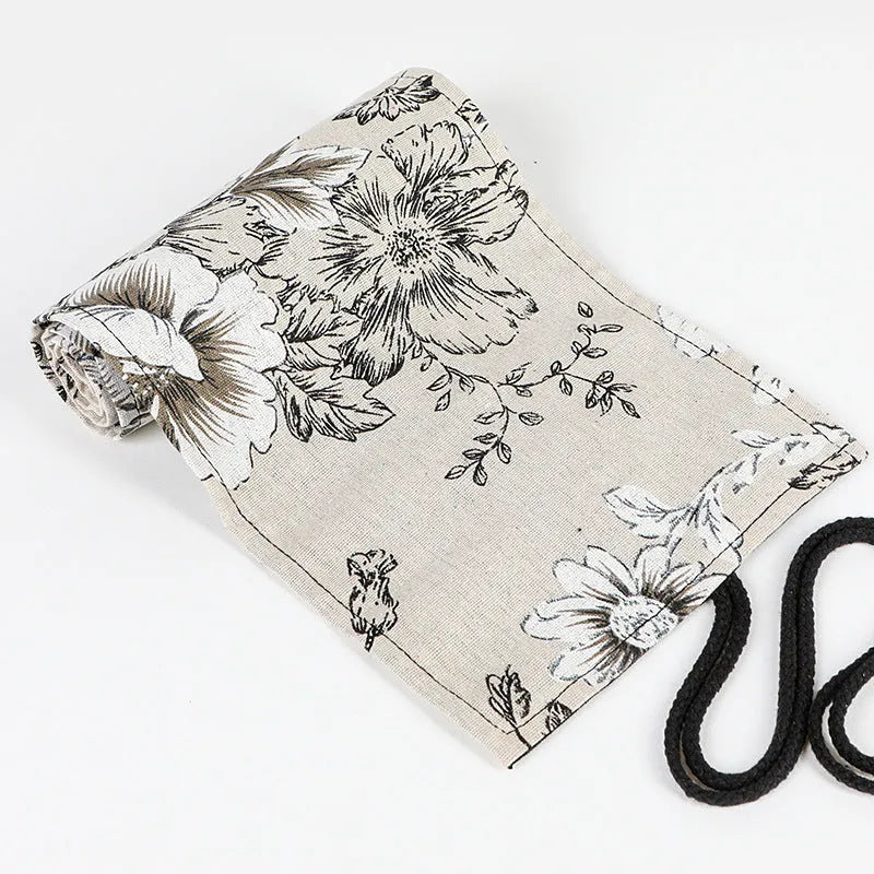 Black Peony cotton and hemp pencil curtain roll bag with 24 or 72 holes and printed canvas finish