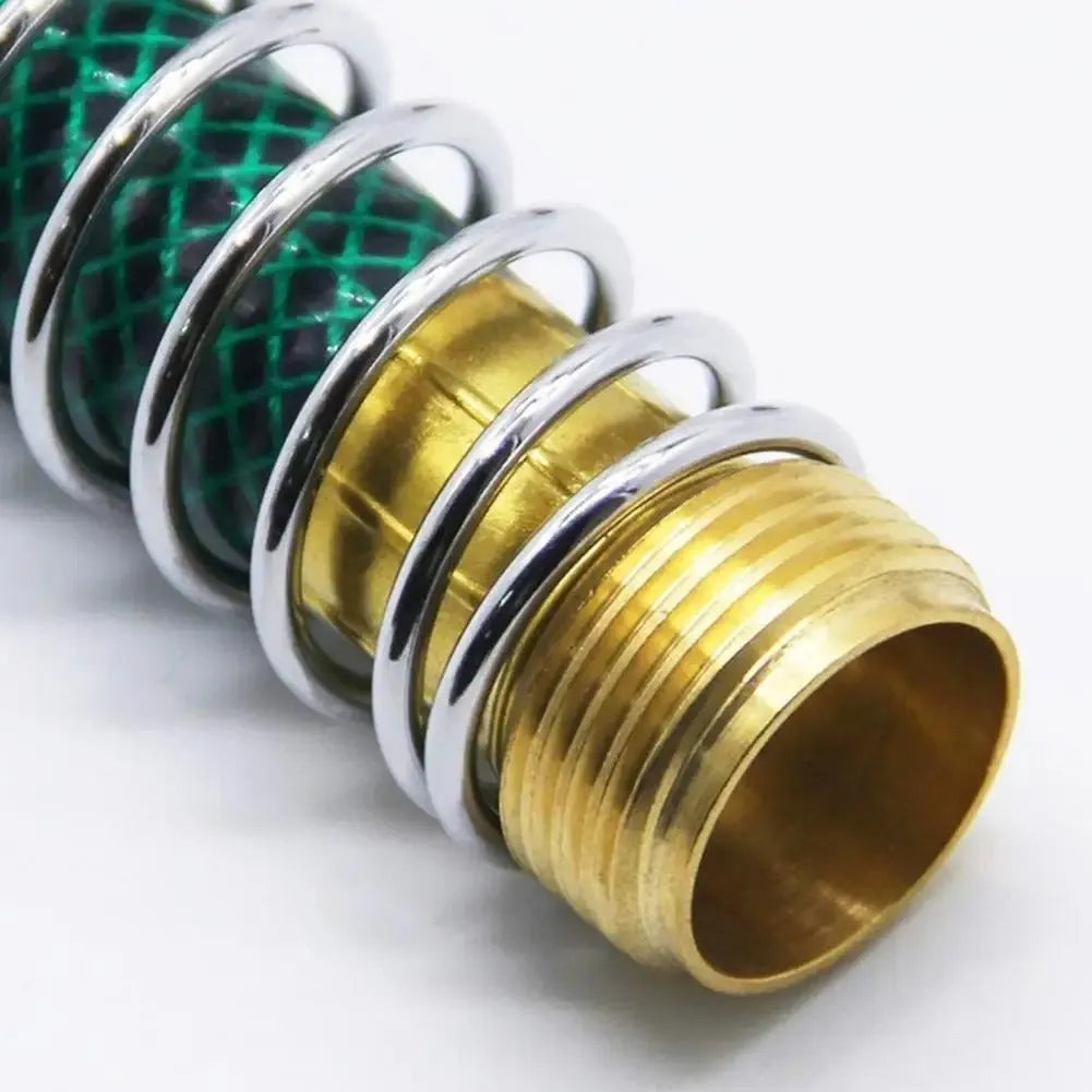 Brass garden hose spring connector with spiral anti-kink mechanism and threaded fittings