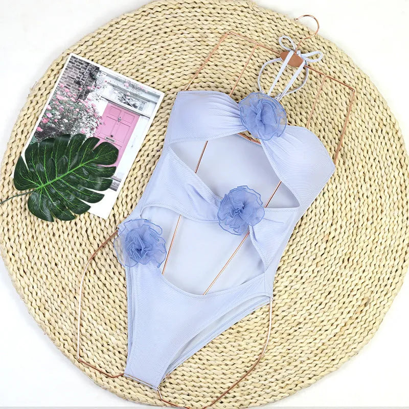 Women's black and blue stripes 3D flower one-piece swimsuit for swimming and sports