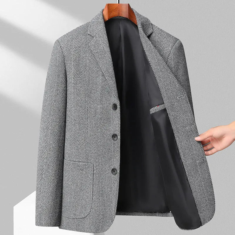 Men's loose fit solid colour woolen coat in black, shown on a model for casual autumn wear.