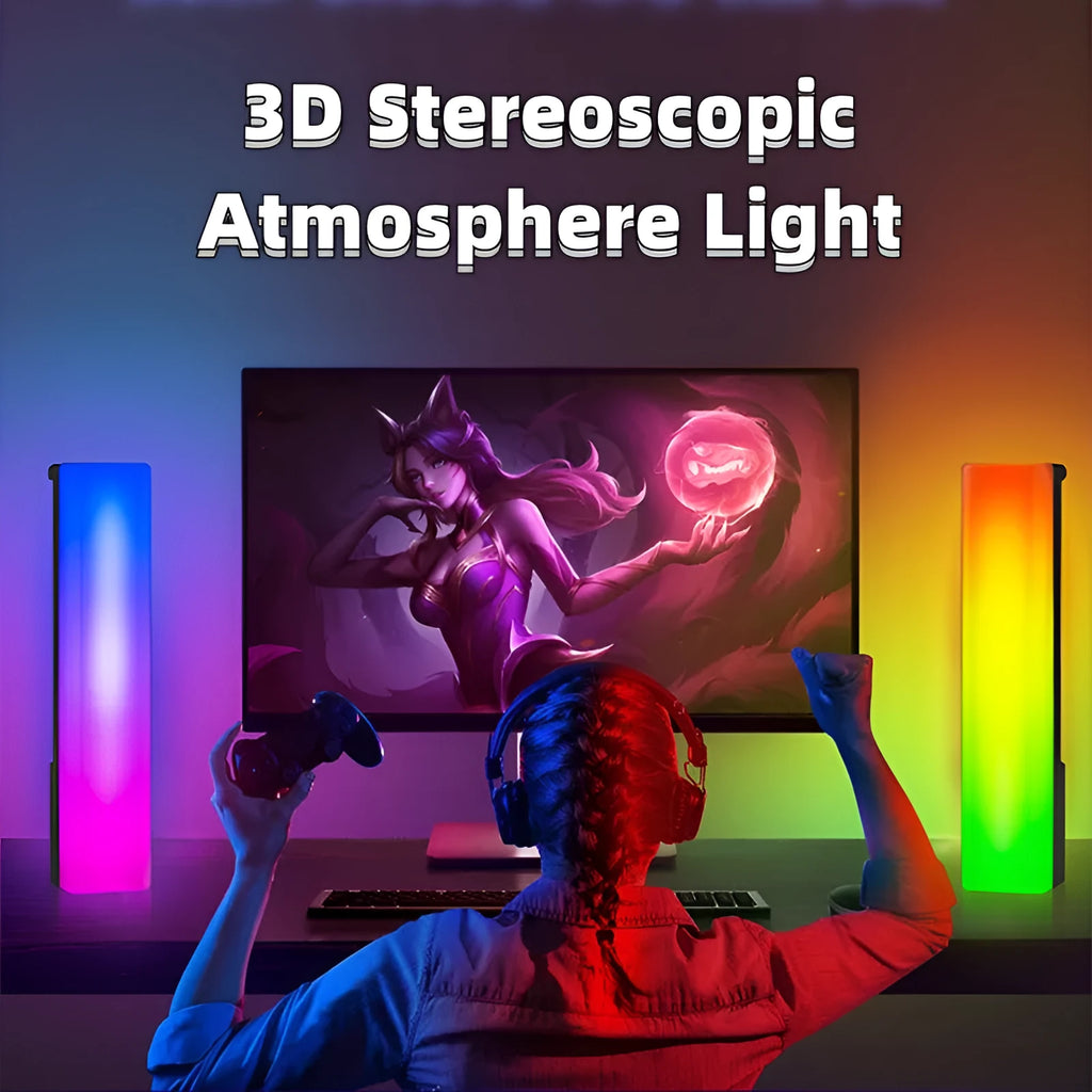 3D RGB music rhythm ambiance lamp in black or white shell on a tabletop.