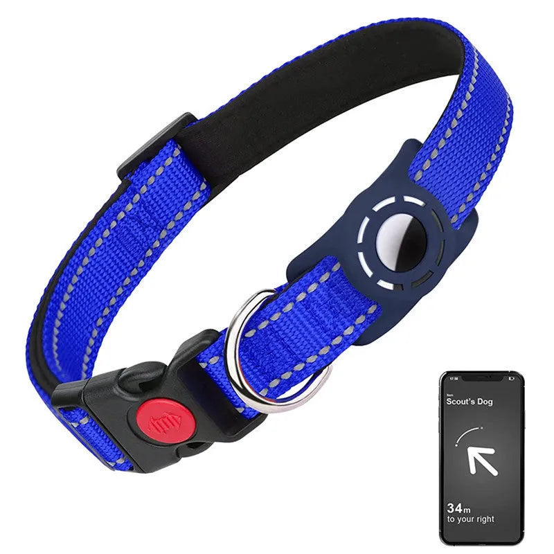 Reflective nylon dog collar with diving cloth tracker cover, in black, shown with adjustable buckle and four size options