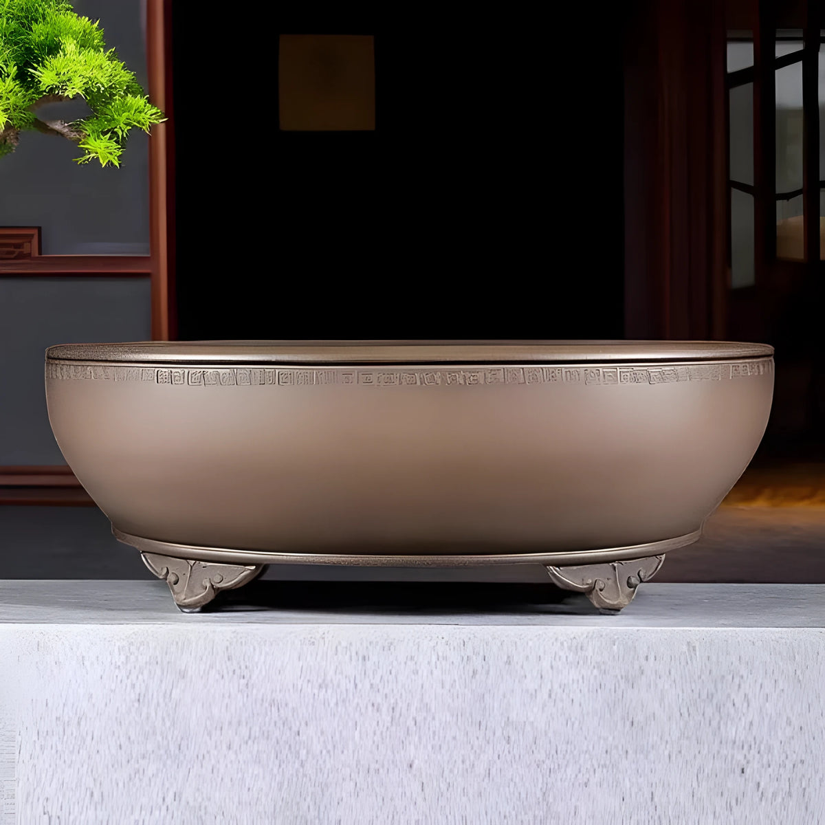 Handmade oval purple sand flowerpot measuring 50cm by 39.5cm by 16cm for desktop plants