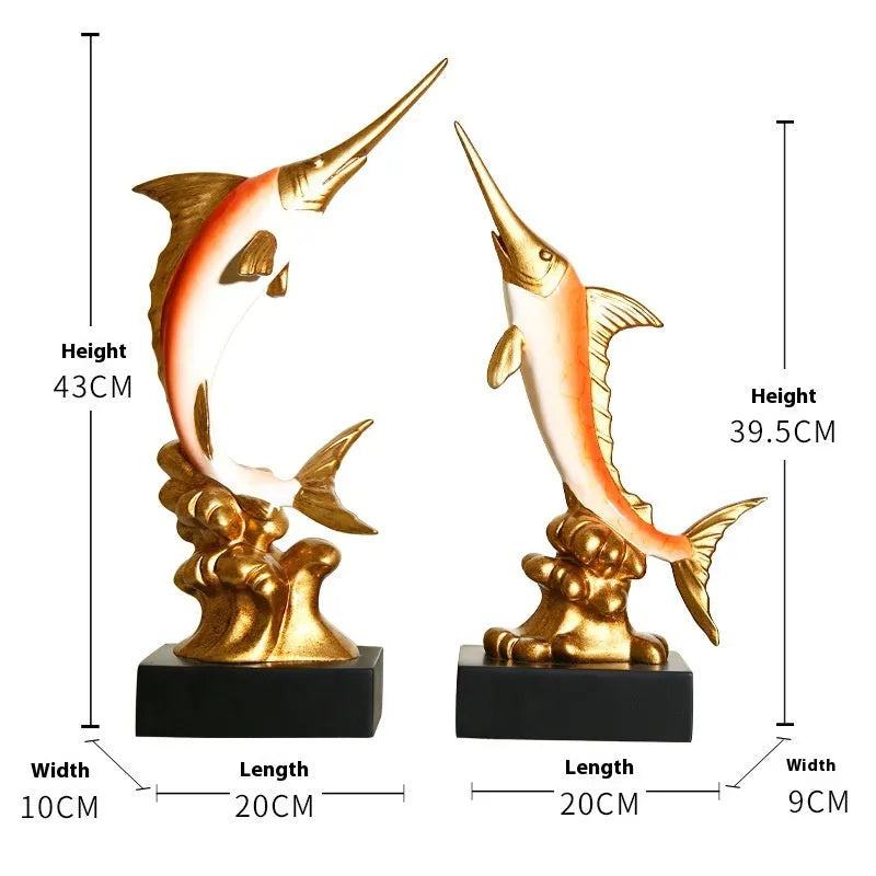 Detailed resin European swordfish decoration in a choice of four colours on a shelf.