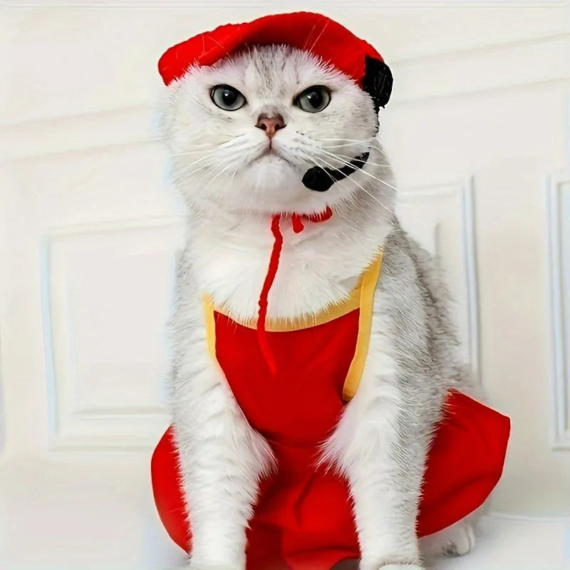 Handmade chef hat and knitted cotton sweater set for a cat or dog, pet birthday costume.