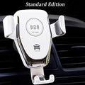 Black wireless car charger with automatic clamp mounted on vehicle vent holding Apple iPhone