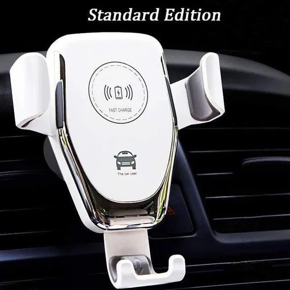 Black wireless car charger with automatic clamp mounted on vehicle vent holding Apple iPhone