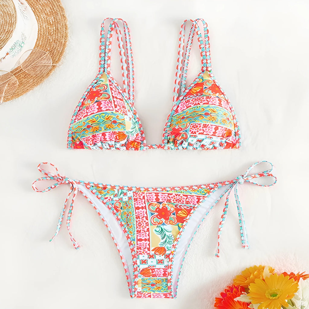 Women's lace-up split swimsuit with backless design in picture colour