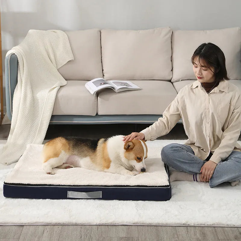 Removable washable memory sponge dog mat in brown, dark grey, khaki, or white and blue.
