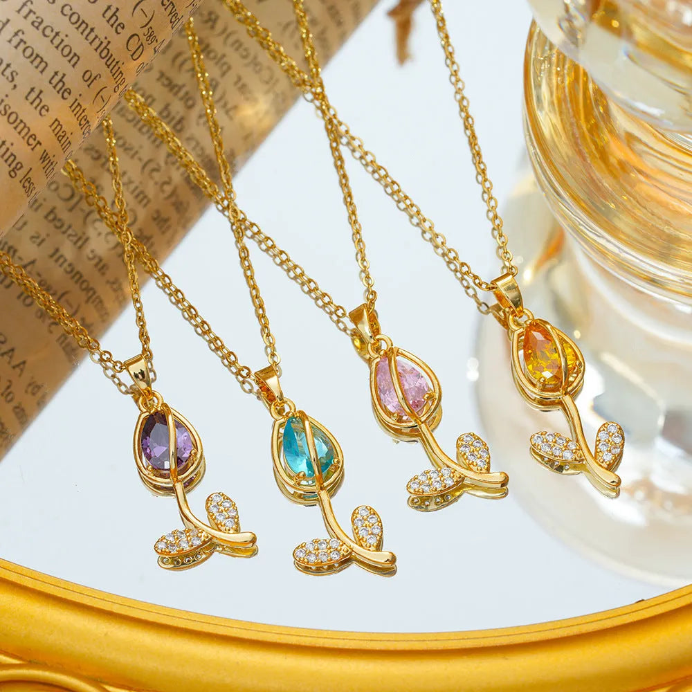 Zircon tulip necklace for women with electroplated gold-tone finish on titanium steel chain