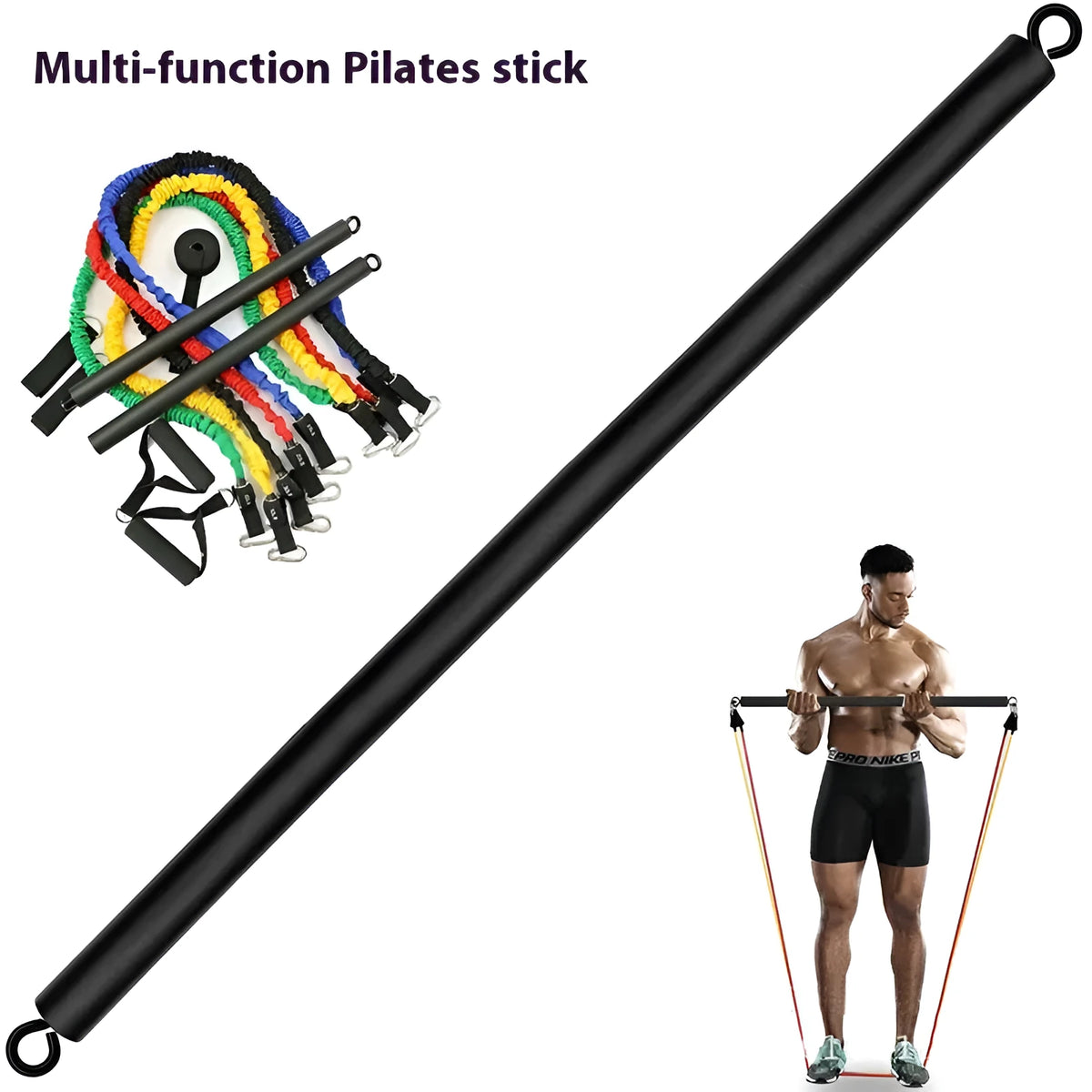 Two-segment push-and-pull yoga fitness stick with rope mechanism for pilates resistance training