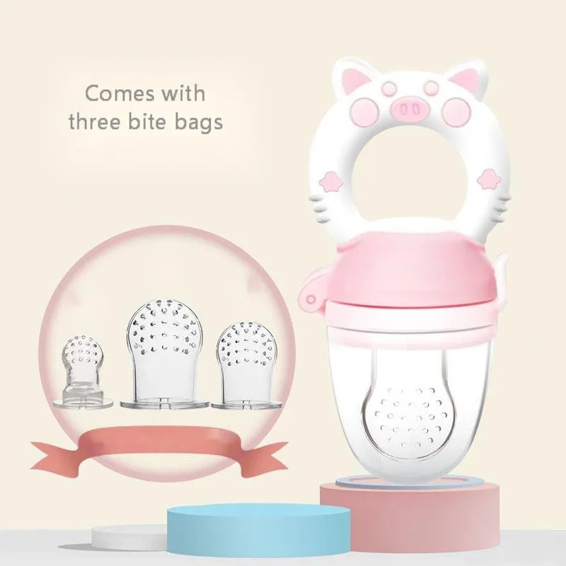 Silicone baby teether in blue, green, and pink colours with mouthpiece design options