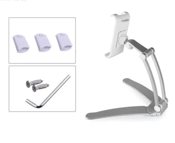 Silver aluminium alloy desktop stand holding a tablet, showing its adjustable clip and mounting base.
