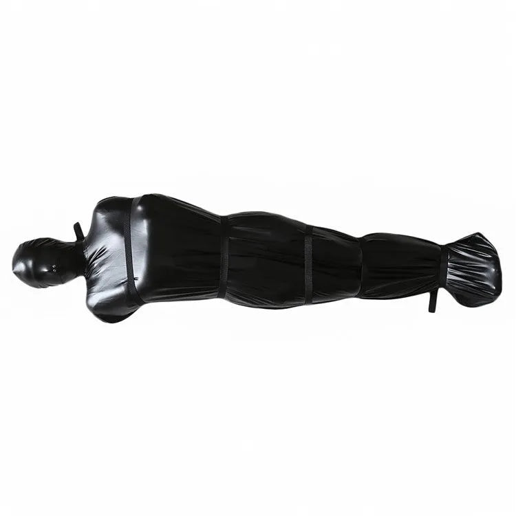 Black patent leather bondage set showing body wrap and six ratchet tie down straps