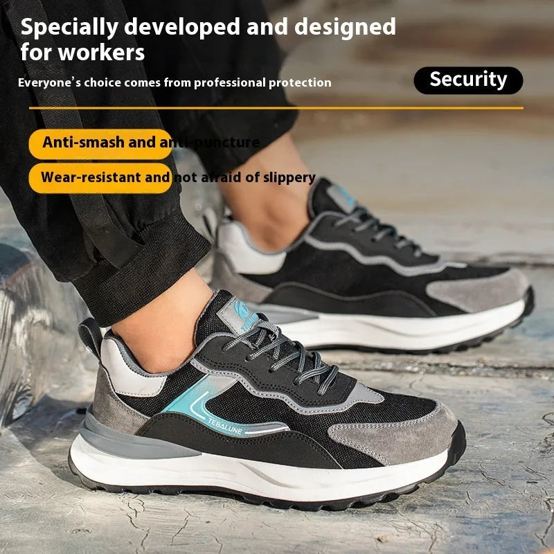 Men's low-top lace-up work safety shoes with suede and mesh upper, steel toe cap, and textured PU outsole.