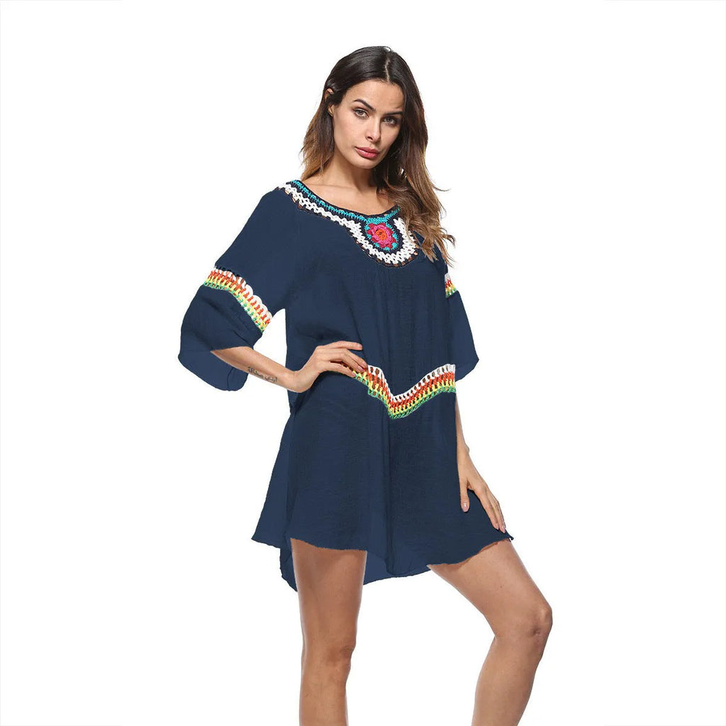 Women's crocheted ethnic style sun protection clothing in apricot, black, sapphire blue, and white for beach swimming