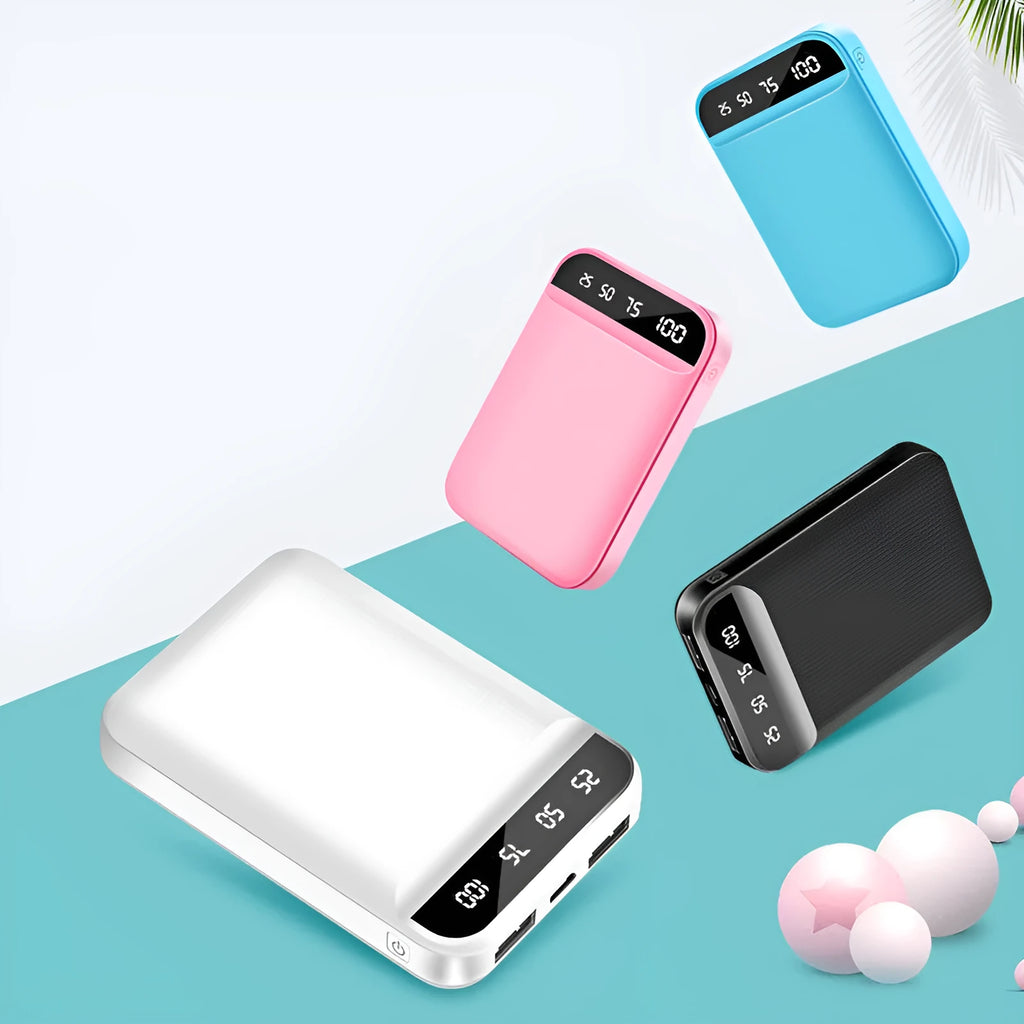 Compact mini power bank in black, blue, pink, or white with multiple USB ports