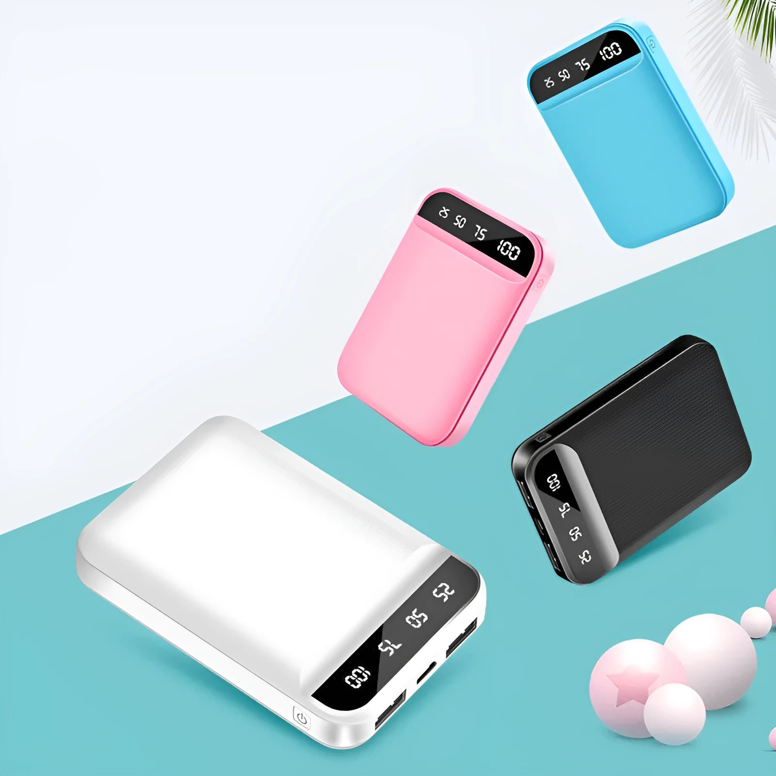 Compact mini power bank in black, blue, pink, or white with multiple USB ports