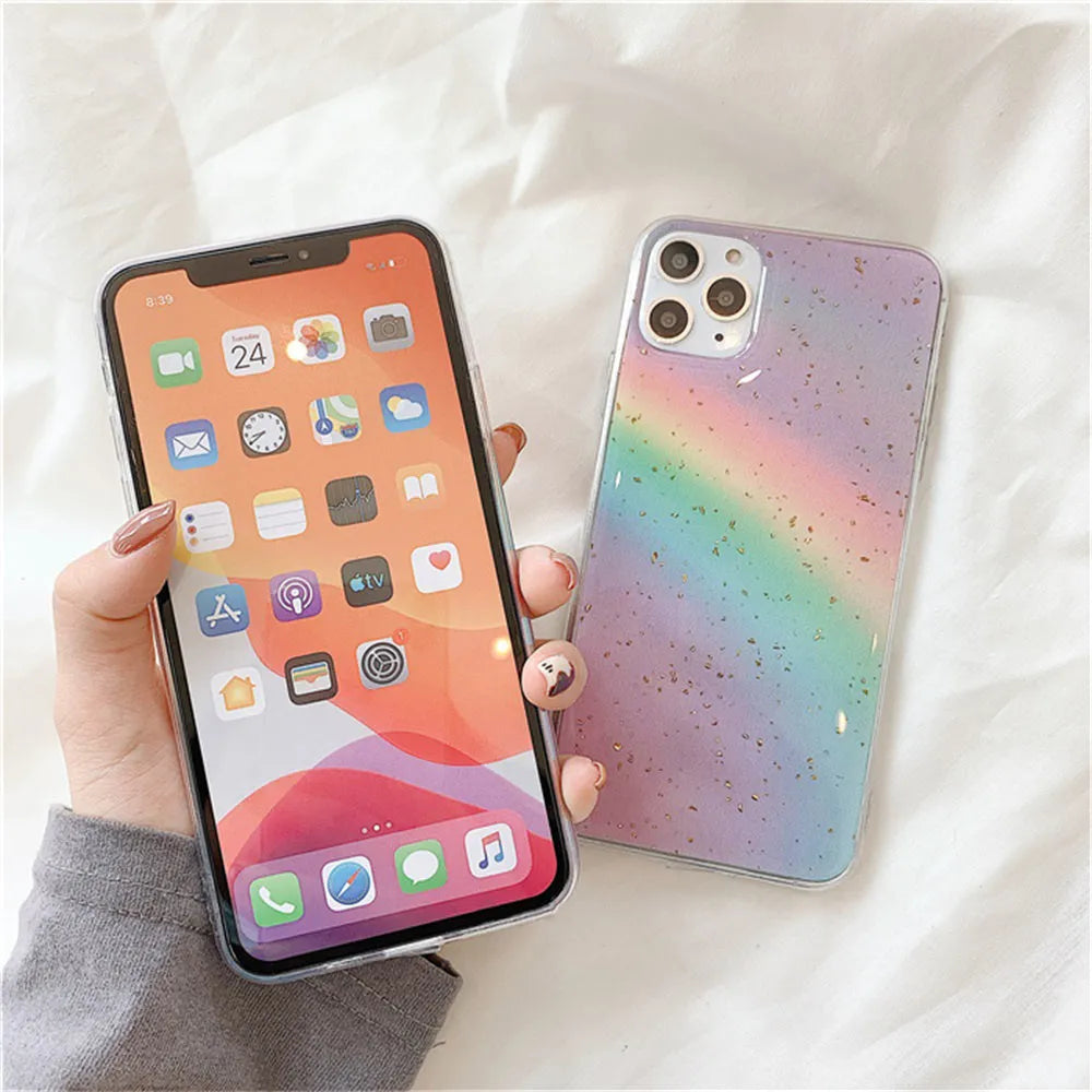Rainbow gradient TPU iPhone case with striped design on iPhone