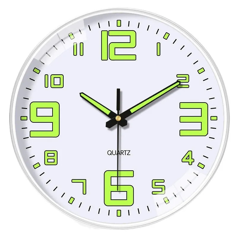 20cm modern wall clock with luminous hands and a thick plastic shell in multiple colour options.