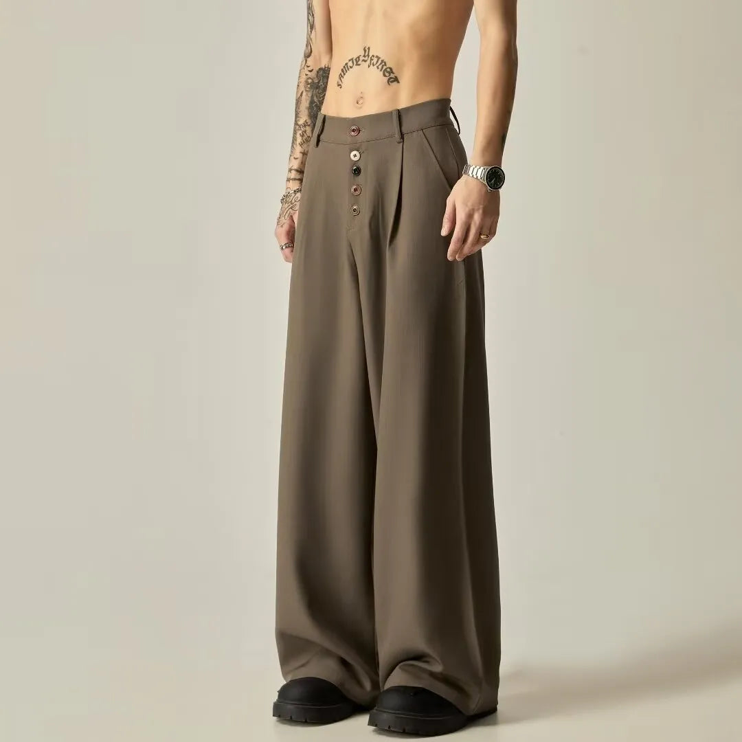 Men's straight-leg casual trousers in black cotton blend fabric with button fly