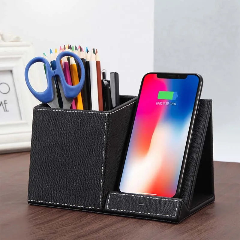 Black leather desk organiser with wireless phone charger and pen holder slot