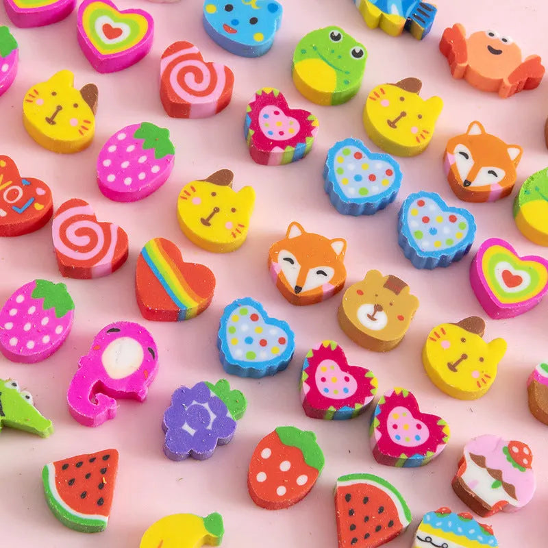 50 colourful cartoon mini erasers in fruit animal cake and seasonal designs measuring 1-1.5cm