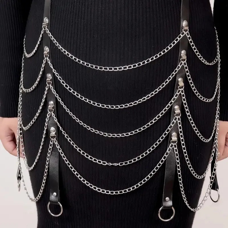 Black PU leather bandage binding waist chain accessory for women