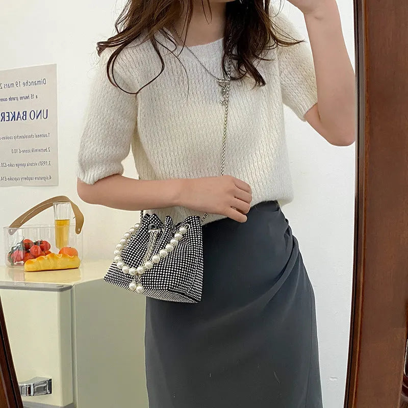 Western style diamond crossbody bag with chain strap in bucket shape design