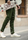Machete elastic trousers with side zip, slim fit casual pants in Army Green, Black, Camo, and Khaki