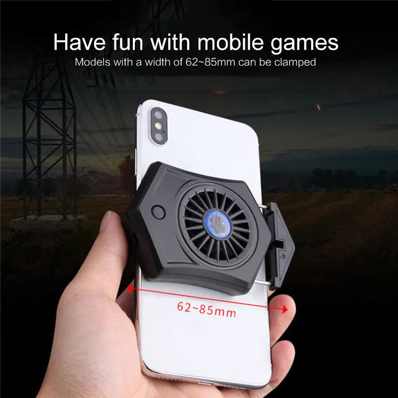 Black mobile phone radiator with adjustable clamp attached to smartphone showing USB connection