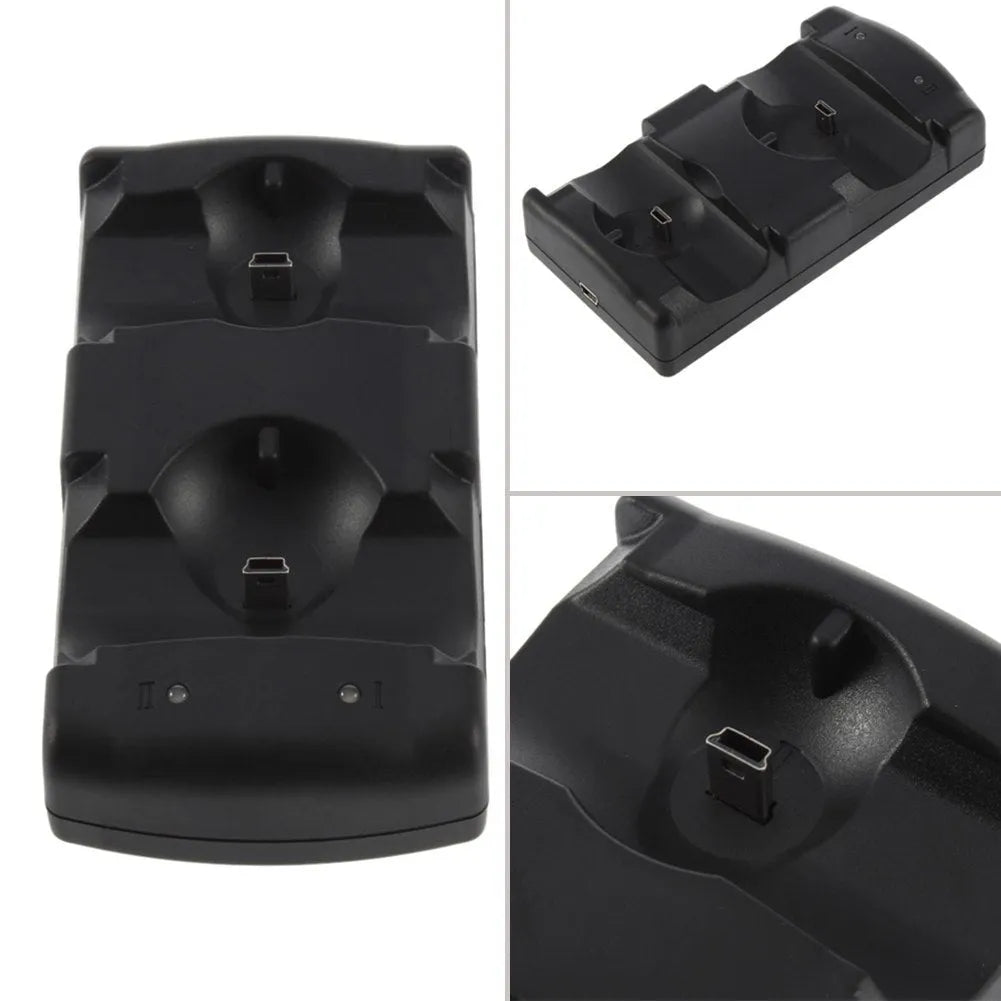 Black plastic dual USB charging dock for PlayStation 3 controllers with a connected cable
