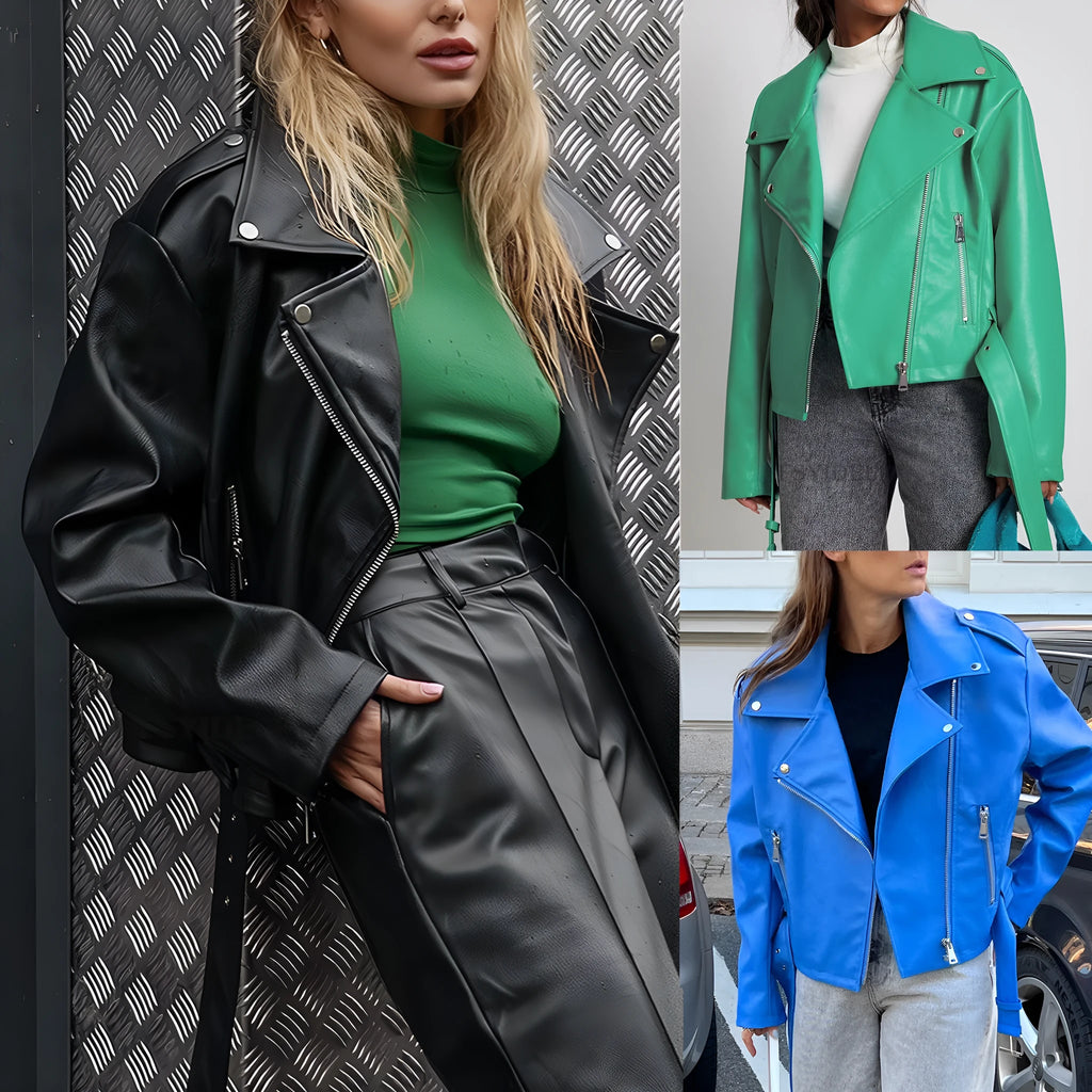 Punk short belt lapel locomotive style jacket in black blue or green faux leather with drawstring