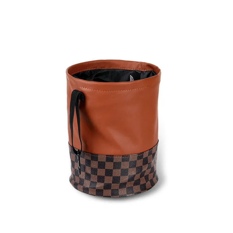 Retractable leather car trash can showing folding design and built-in handle