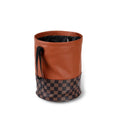 Retractable leather car trash can showing folding design and built-in handle
