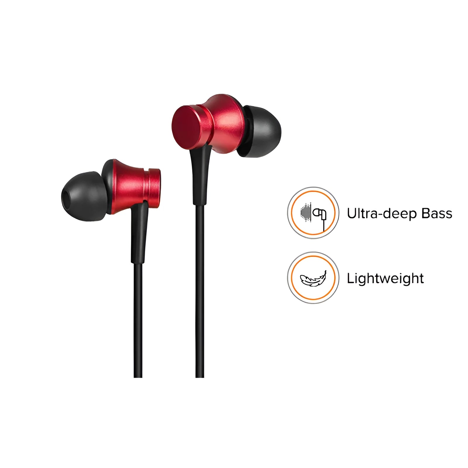Piston in-ear wired headphones with 3.5mm connector in black, blue, and red colour options