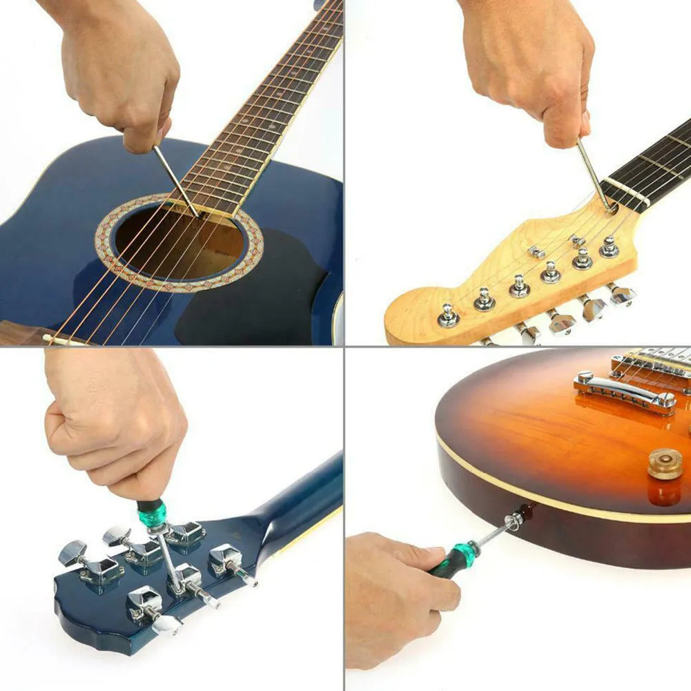 Black plastic guitar repair tool kit for guitars, bass, mandolin, and banjo, showing closed case.