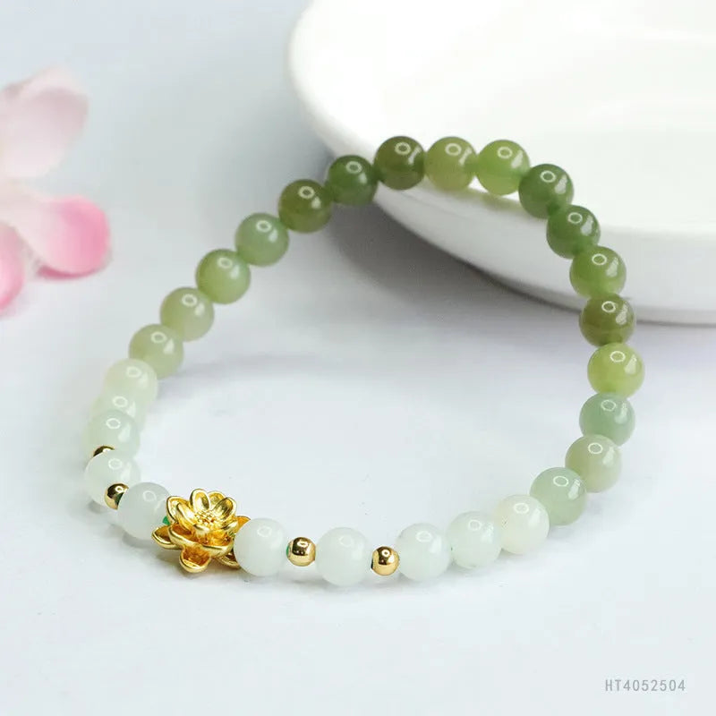 Hand-woven ancient style bracelet with Hetian jade gradient colour and 6mm beads on 17cm length