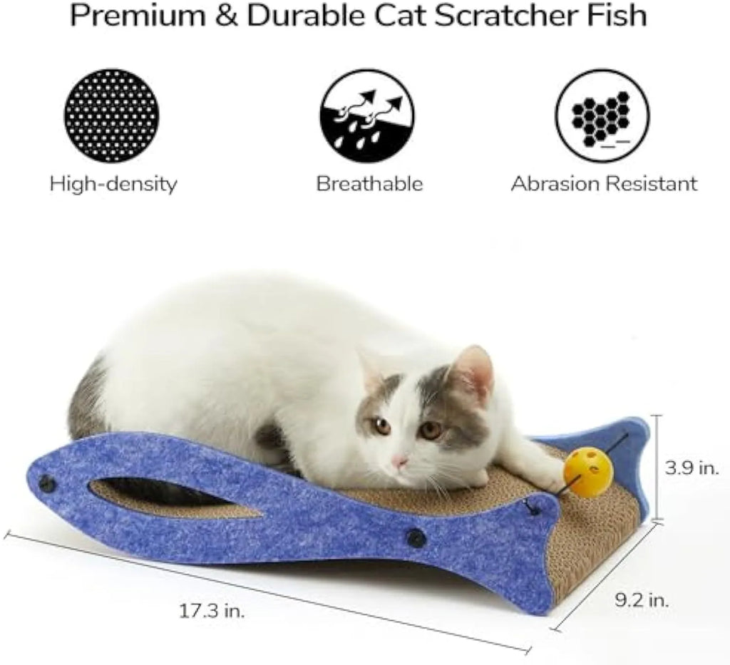 Blue fish-shaped cat scratcher pad with corrugated cardboard surface and integrated bell ball toy
