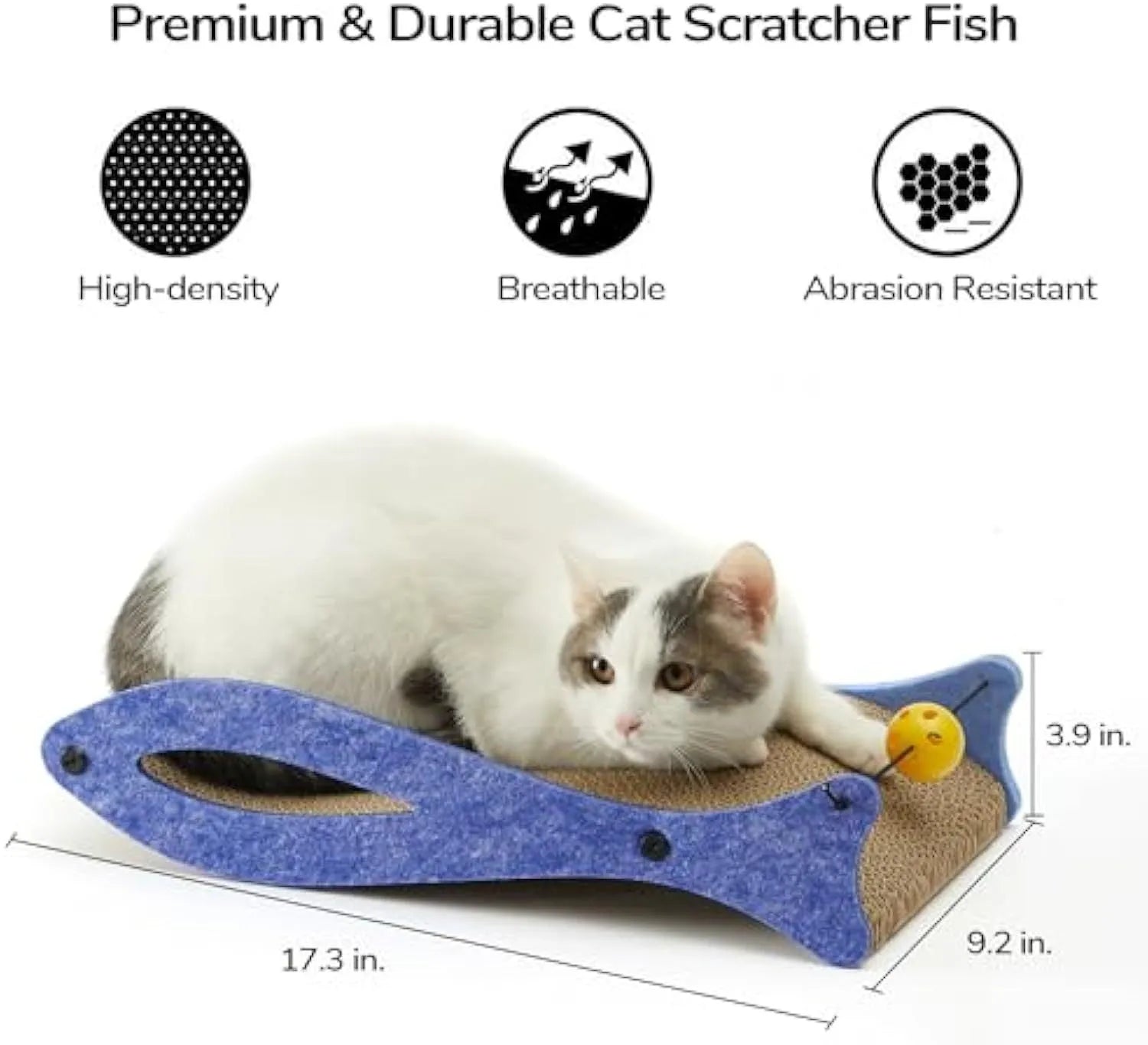 Blue fish-shaped cat scratcher pad with corrugated cardboard surface and integrated bell ball toy