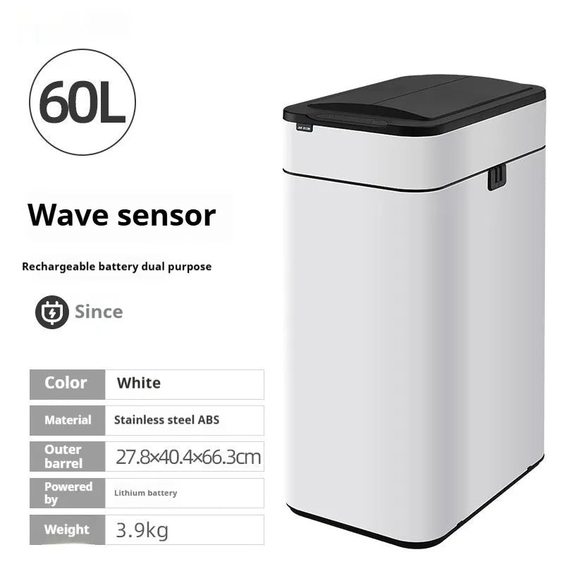 Square stainless steel inductive smart trash can with sensor lid.