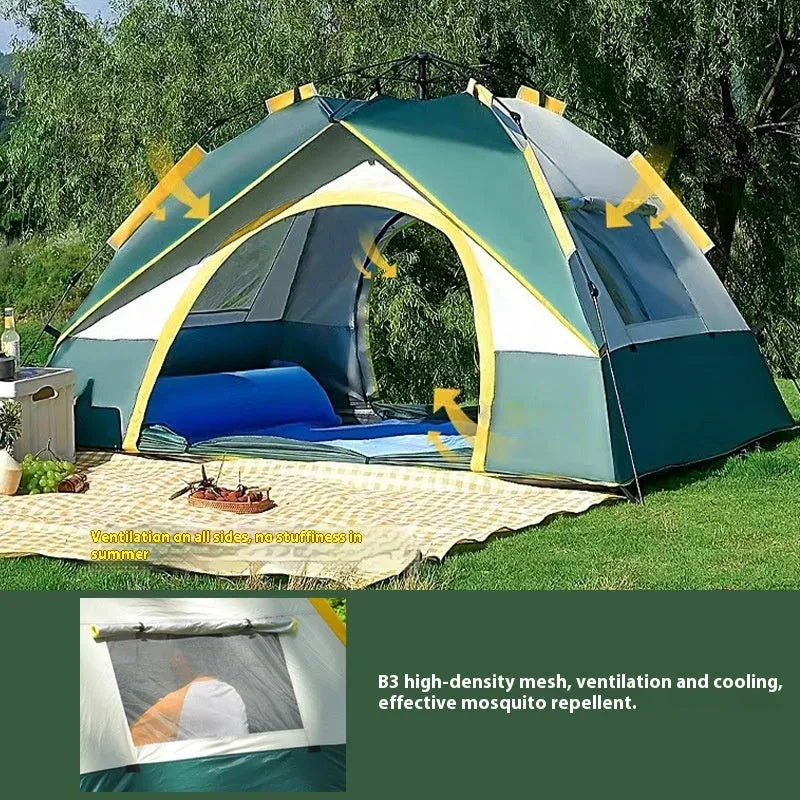 Dark green automatic quick-open camping tent for 3-4 people with glass fibre poles and storage bag