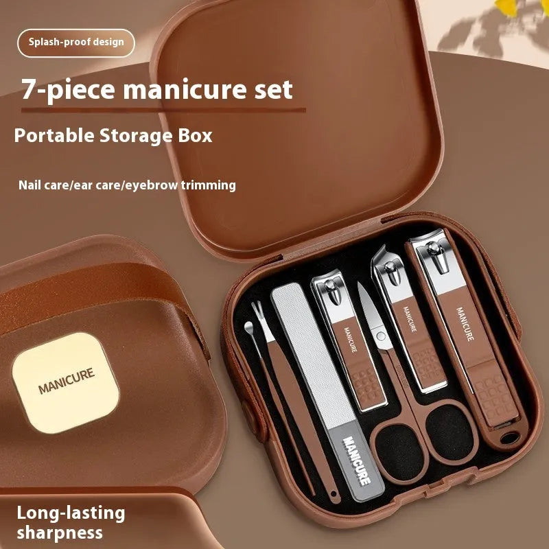 Anti-splash portable fingernail maintenance kit with brown, white, and green champagne pliers and manicure tools