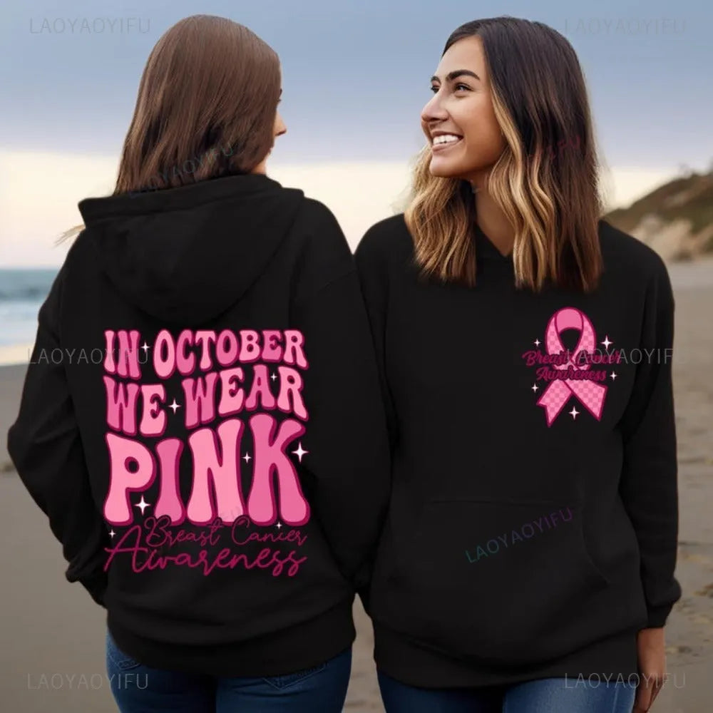Breast Cancer Awareness pullover hoodie with retro art print and side seam pockets in various colours.