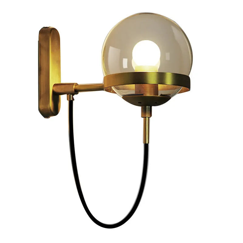 Modern retro wall lamp with LED light, glass shade, push button switch, and Black or Gold finish