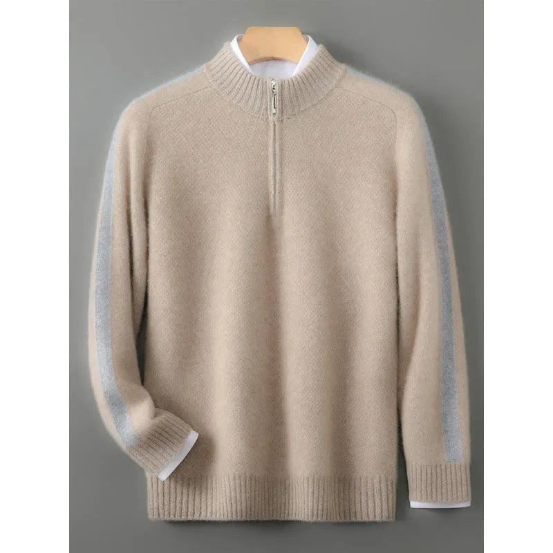 Half-zip wool sweater in slim fit with round neck, shown in one of four colours: Chinese Red, Grey, Pea Green, or Raw Velvet Camel