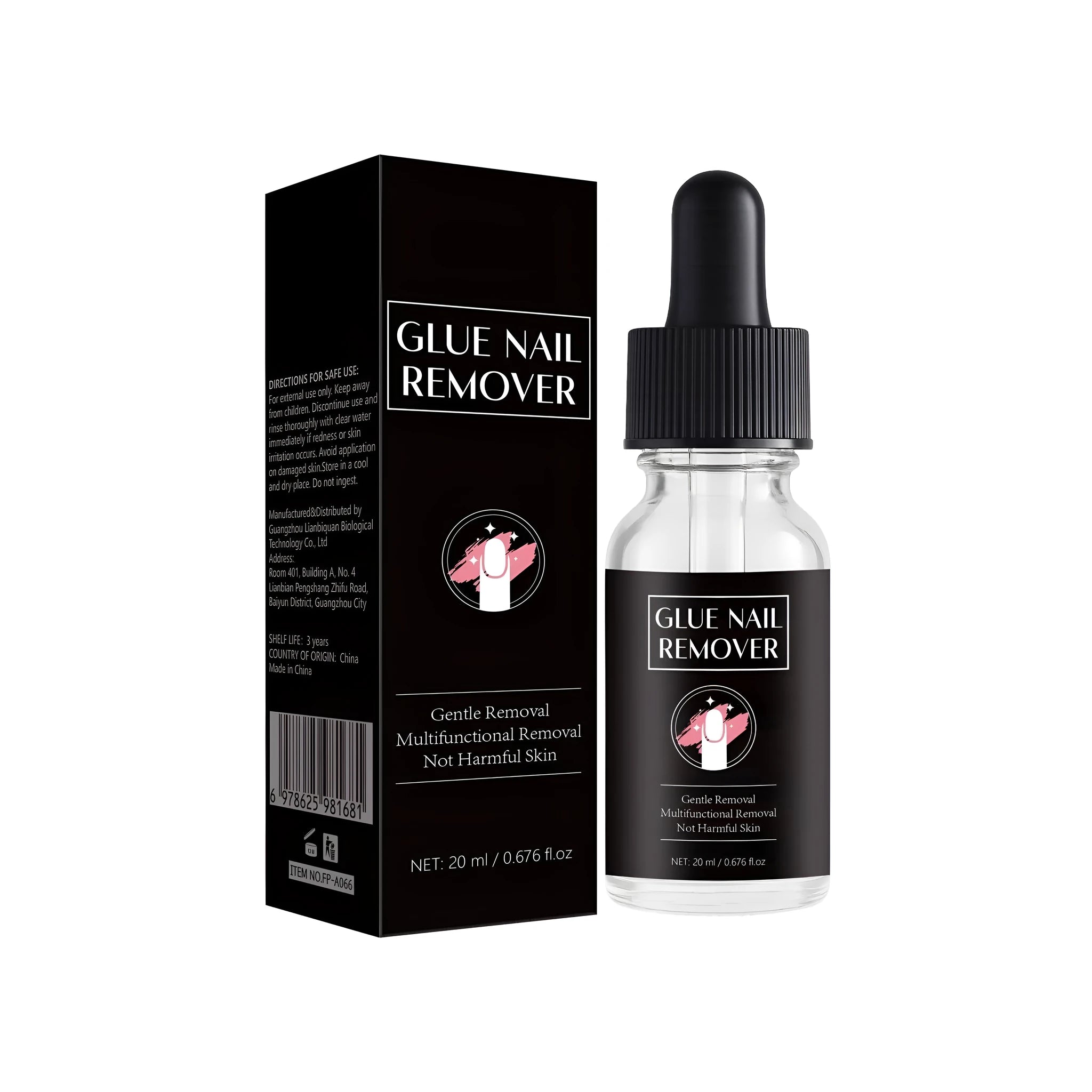 Nail glue remover kit showing 20ml bottle and FP-A066 style applicator for false nail adhesive removal