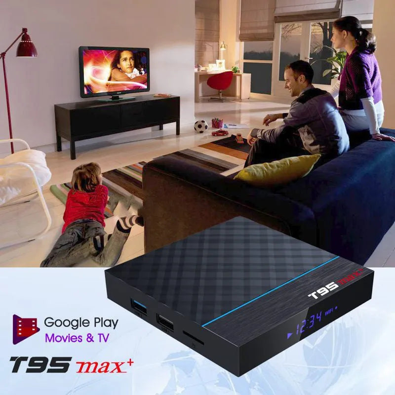 Black T95 Max Plus Android TV box with Amlogic S905X3 chip, showing rear ports and remote.