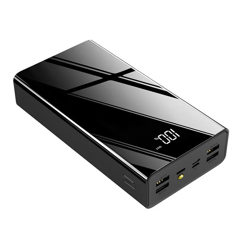 Large black power bank with LCD display showing battery percentage, dimensions 156x82x41mm