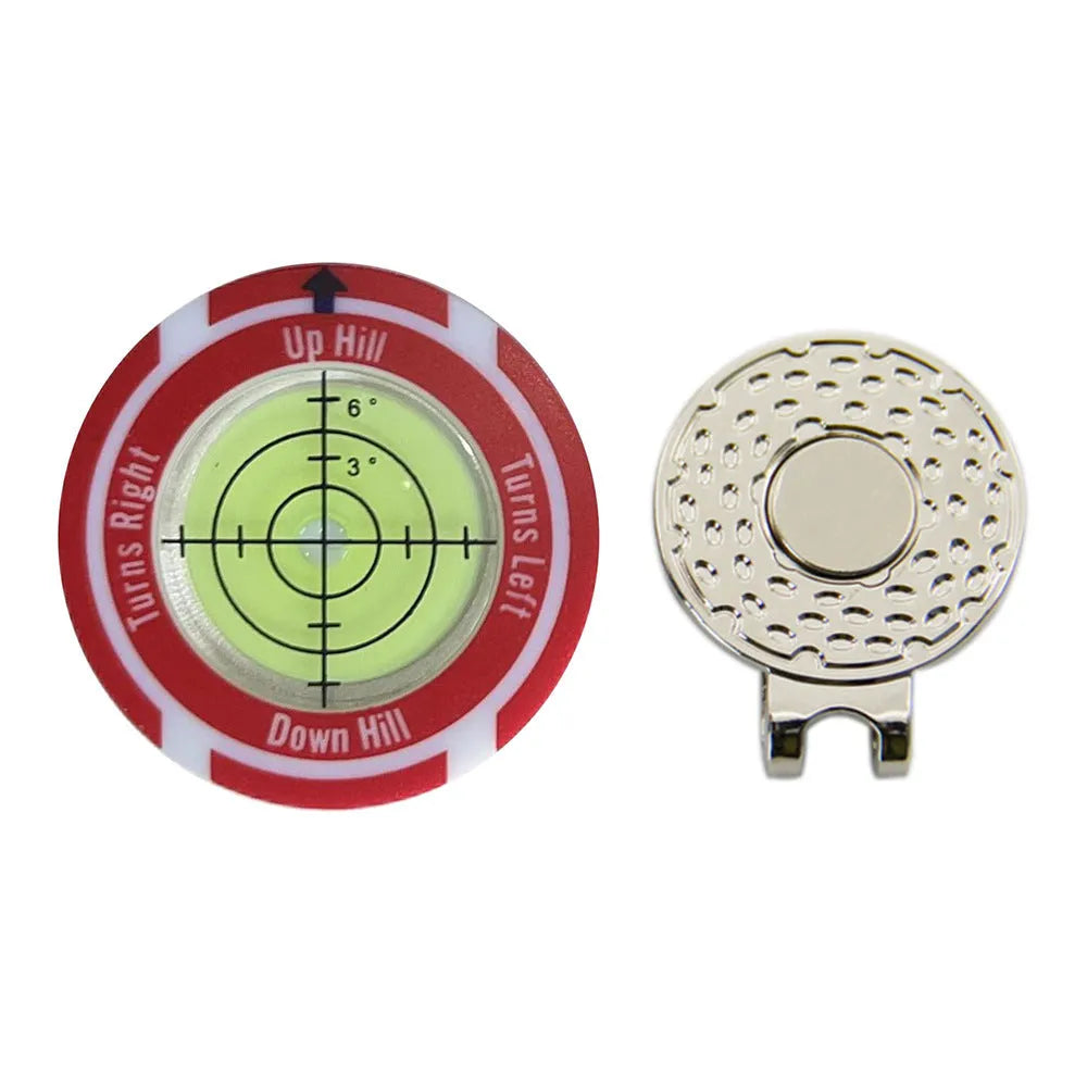 Golf Level measurement tool with hat clip, spirit level vial, and position mark for putting alignment